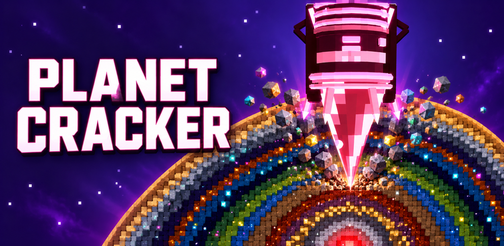 Planet Cracker: a pink drill above a planet with concentric layers of rock
